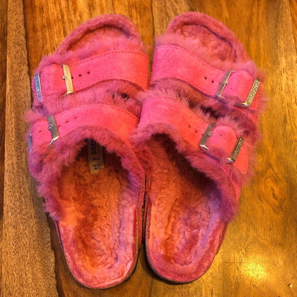 Birkenstock Pink Fuzzy Double-Buckle Slide Sandals